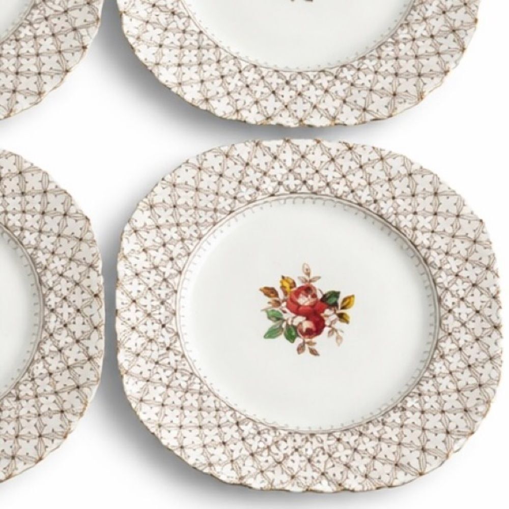 Vintage English Florentine Lattice Design Salad Plates Set/4 Floral Cottagecore